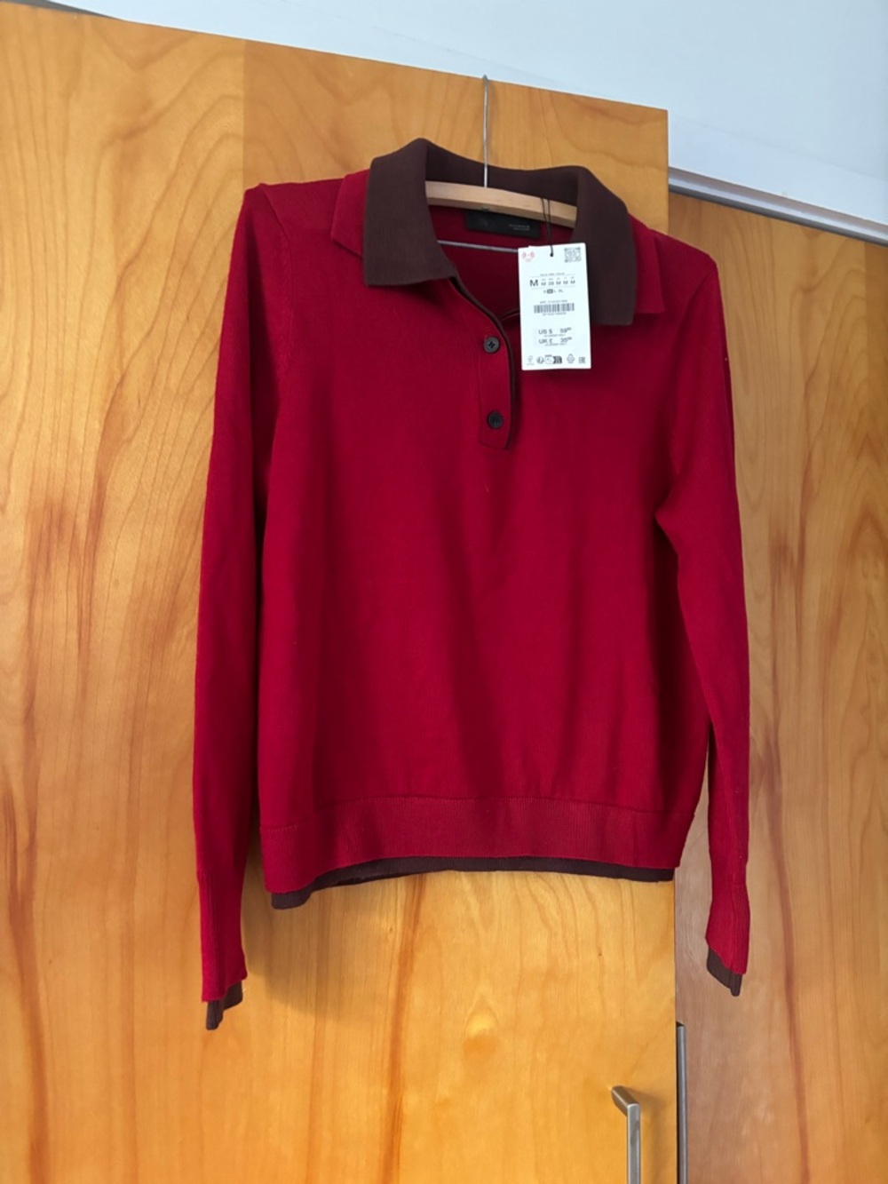 Zara Red Polo-Style Knit Sweater with Brown Trim